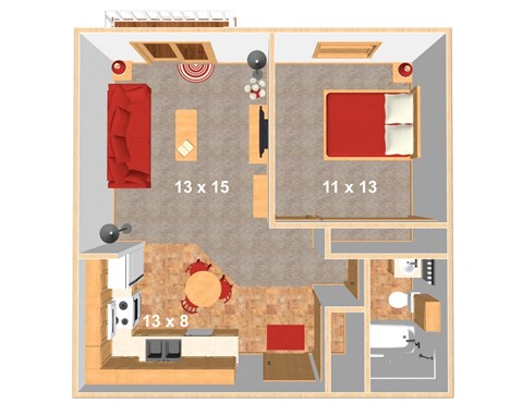 Floor plan for 1 bed, 1 bath, 605 sqft
