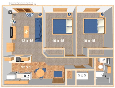Floor plan for 2 beds, 1 bath, 835 sqft