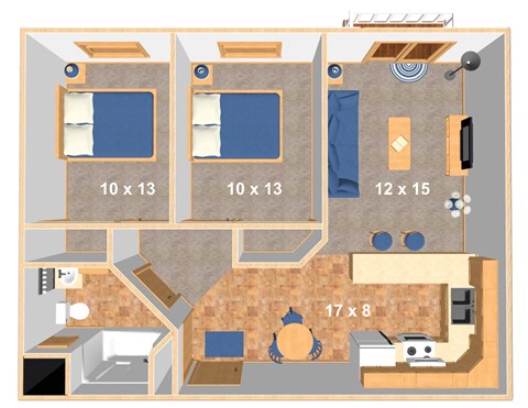Floor plan for 2 beds, 1 bath, 817 sqft