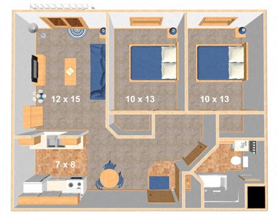 Floor plan for 2 beds, 1 bath, 812 sqft