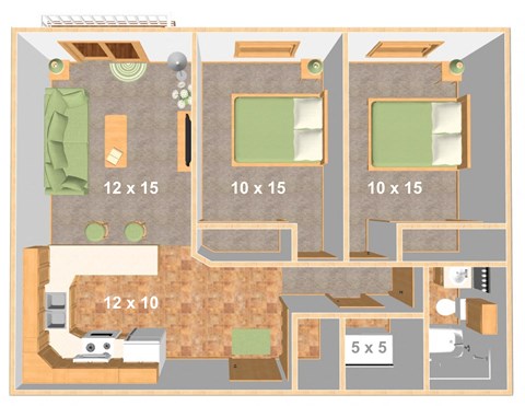 Floor plan for 2 beds, 1 bath, 912 sqft