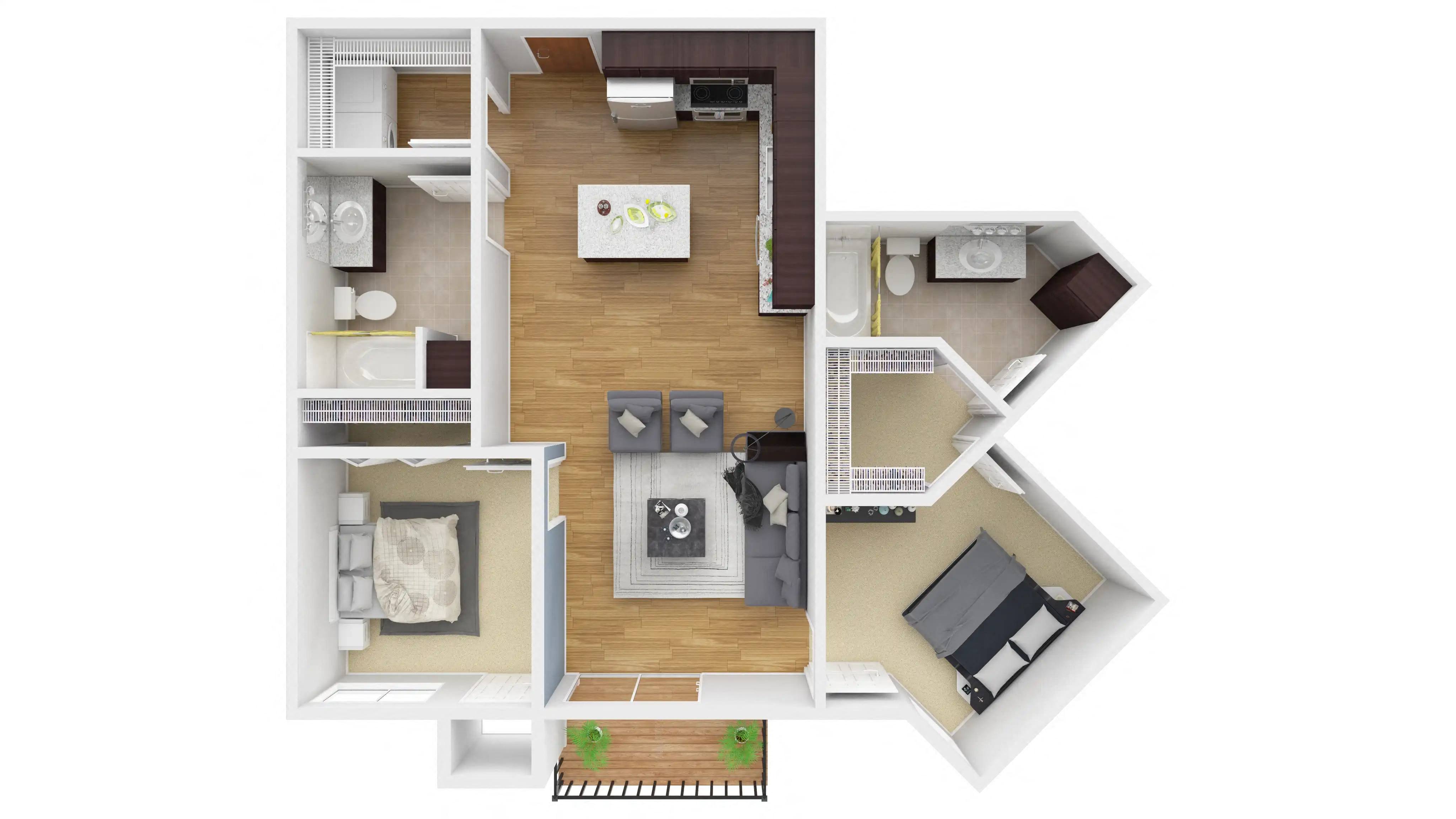 Floor plan for 2 beds, 2 baths, 942 sqft
