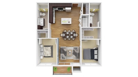 Floor plan for 2 beds, 2 baths, 910 sqft