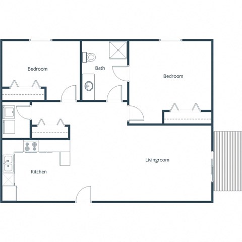 Floor plan for 2 beds, 1 bath, 880 sqft