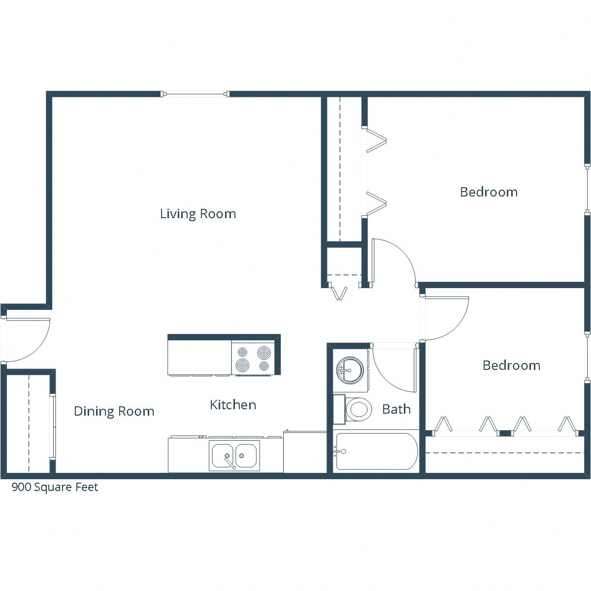 Floor plan for 2 beds, 1 bath, 900 sqft