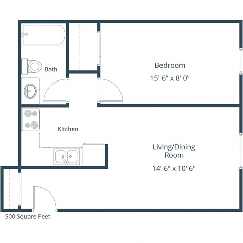 Floor plan for 1 bed, 1 bath, 500 sqft