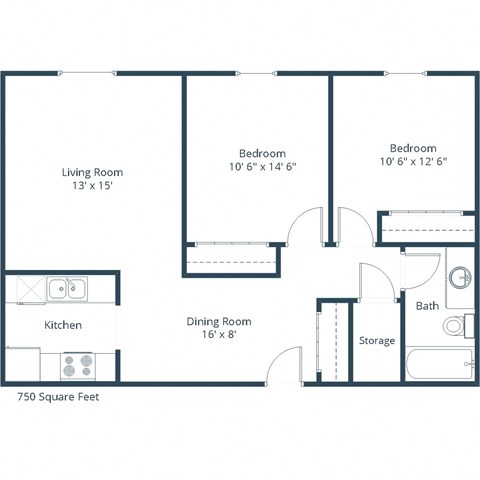 Floor plan for 2 beds, 1 bath, 750 sqft