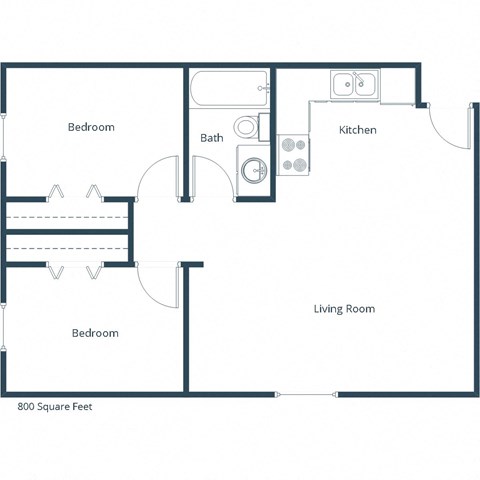 Floor plan for 2 beds, 1 bath, 800 sqft