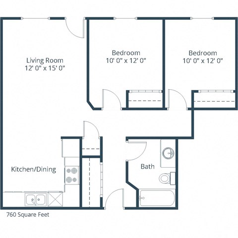Floor plan for 2 beds, 1 bath, 760 sqft