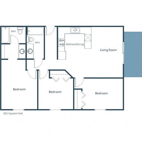 Floor plan for 3 beds, 2 baths, 925 sqft