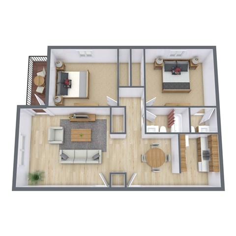 Floor plan for 2 beds, 1.5 baths, 1045 sqft