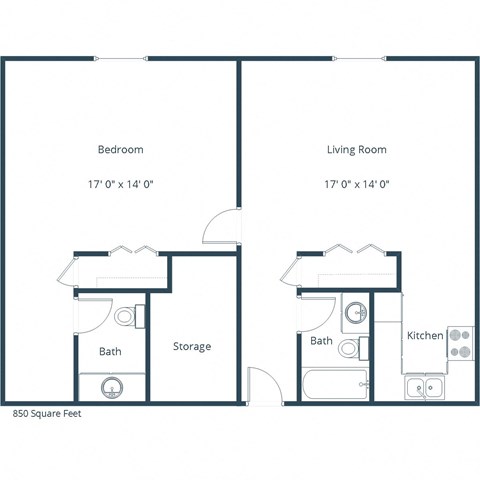 Floor plan for 1 bed, 1.5 baths, 850 sqft