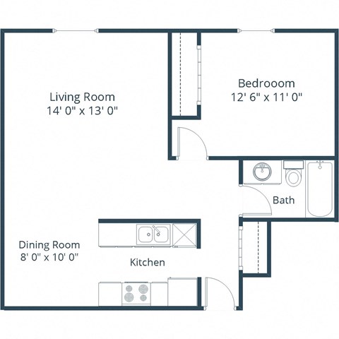 Floor plan for 1 bed, 1 bath, 650 sqft