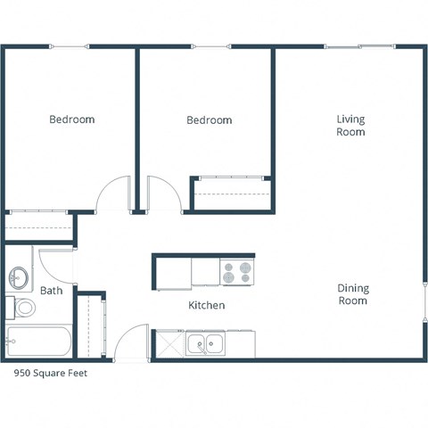 Floor plan for 2 beds, 1 bath, 950 sqft
