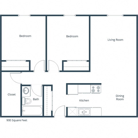 Floor plan for 2 beds, 1 bath, 950 sqft