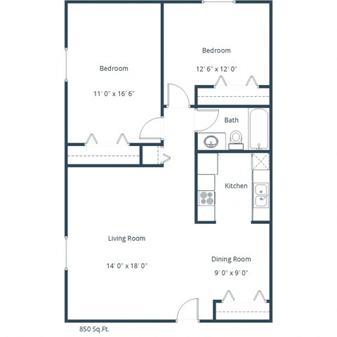 Floor plan for 2 beds, 1 bath, 850 sqft