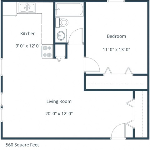 Floor plan for 1 bed, 1 bath, 560 sqft