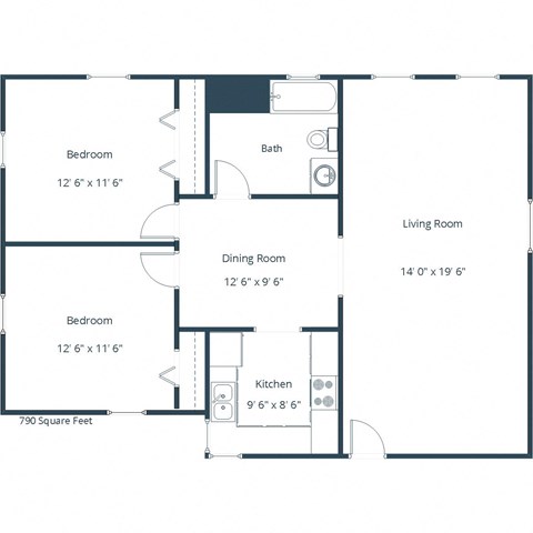Floor plan for 2 beds, 1 bath, 790 sqft