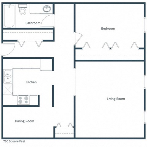 Floor plan for 1 bed, 1 bath, 750 sqft