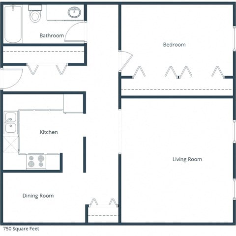 Floor plan for 1 bed, 1 bath, 750 sqft