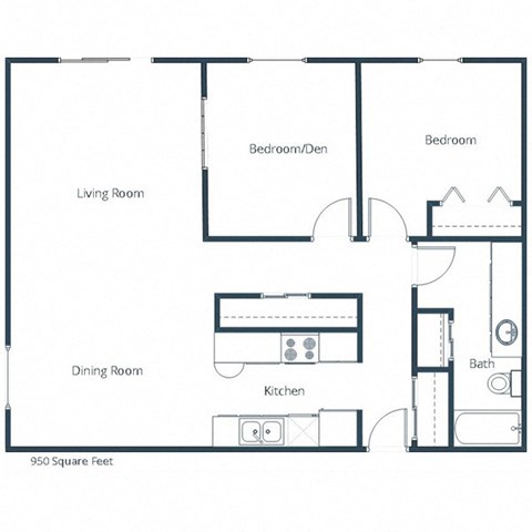 Floor plan for 2 beds, 1 bath, 950 sqft