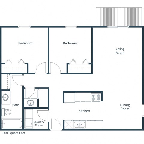 Floor plan for 2 beds, 1 bath, 900 sqft