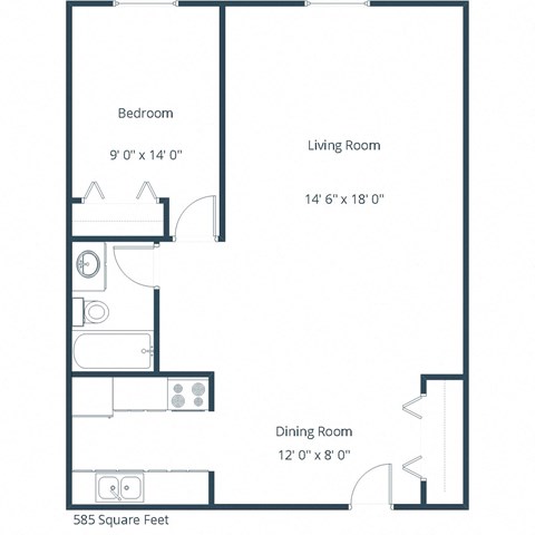 Floor plan for 1 bed, 1 bath, 585 sqft