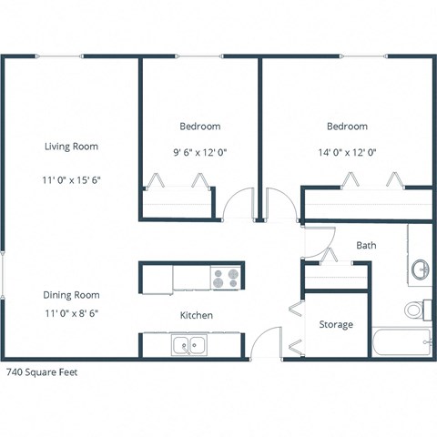 Floor plan for 2 beds, 1 bath, 740 sqft