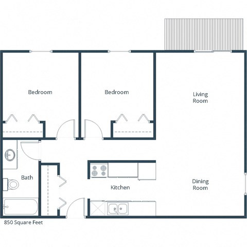 Floor plan for 2 beds, 1 bath, 850 sqft
