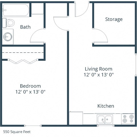 Floor plan for 1 bed, 1 bath, 550 sqft