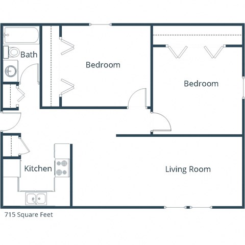 Floor plan for 2 beds, 1 bath, 715 sqft