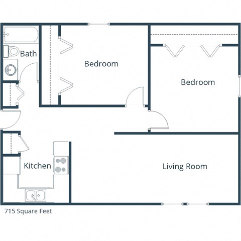 Floor plan for 2 beds, 1 bath, 715 sqft