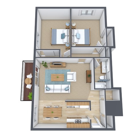 Floor plan for 2 beds, 1 bath, 960 sqft