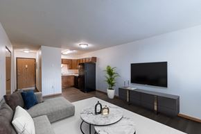 Moorhead apartment for rent - a living room with a tv and a kitchen. Moorhead, MN South Park Apartments