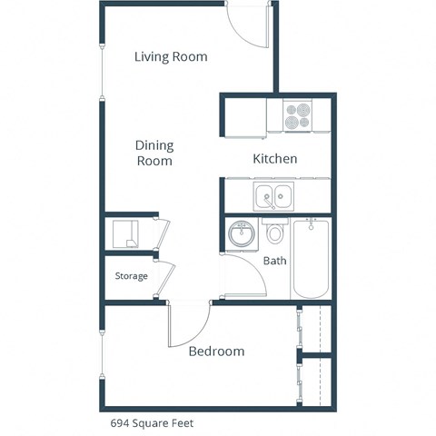 Floor plan for 1 bed, 1 bath, 694 sqft