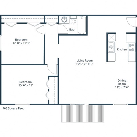 Floor plan for 2 beds, 1 bath, 965 sqft