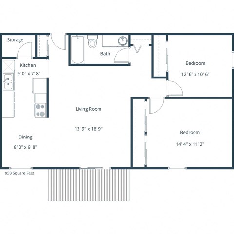 Floor plan for 2 beds, 1 bath