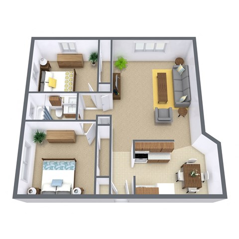 Floor plan for 2 beds, 1 bath, 840 sqft
