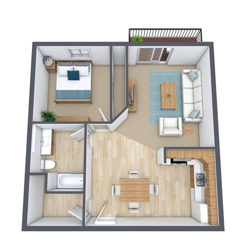 Floor plan for 1 bed, 1 bath, 770 sqft