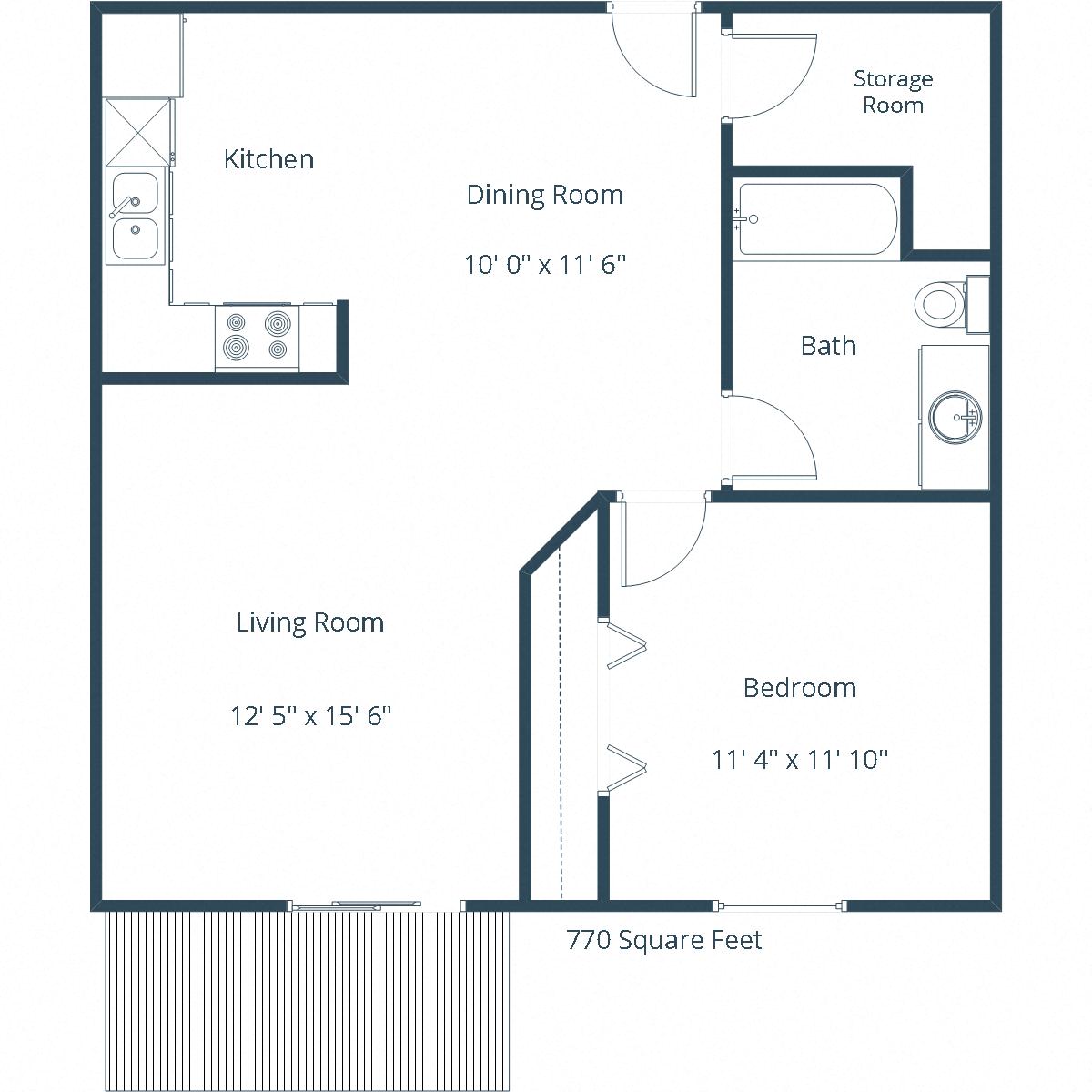 Floor plan for 1 bed, 1 bath, 770 sqft