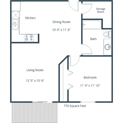 Floor plan for 1 bed, 1 bath, 770 sqft