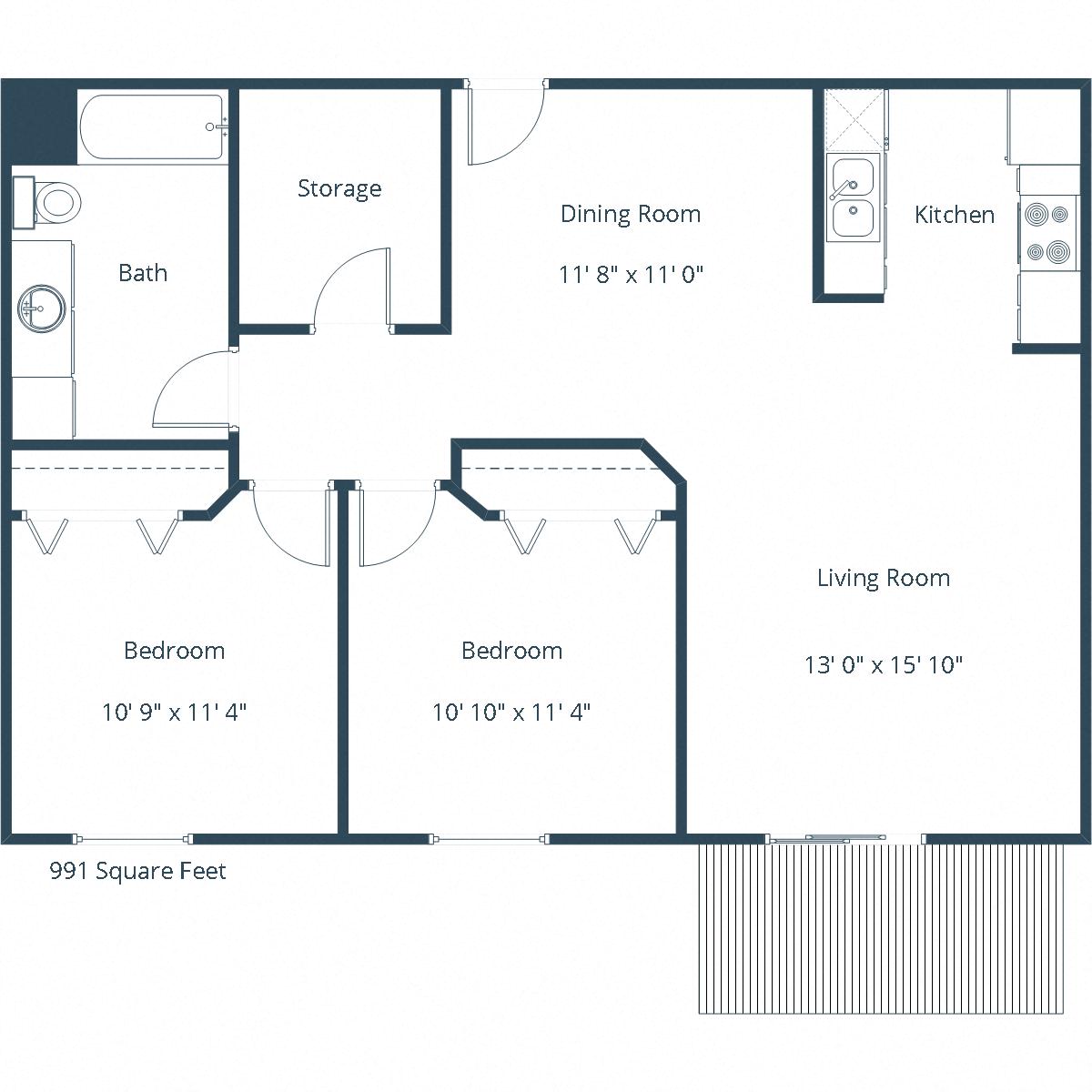 Floor plan for 2 beds, 1 bath, 991 sqft