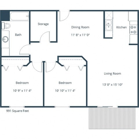 Floor plan for 2 beds, 1 bath, 991 sqft