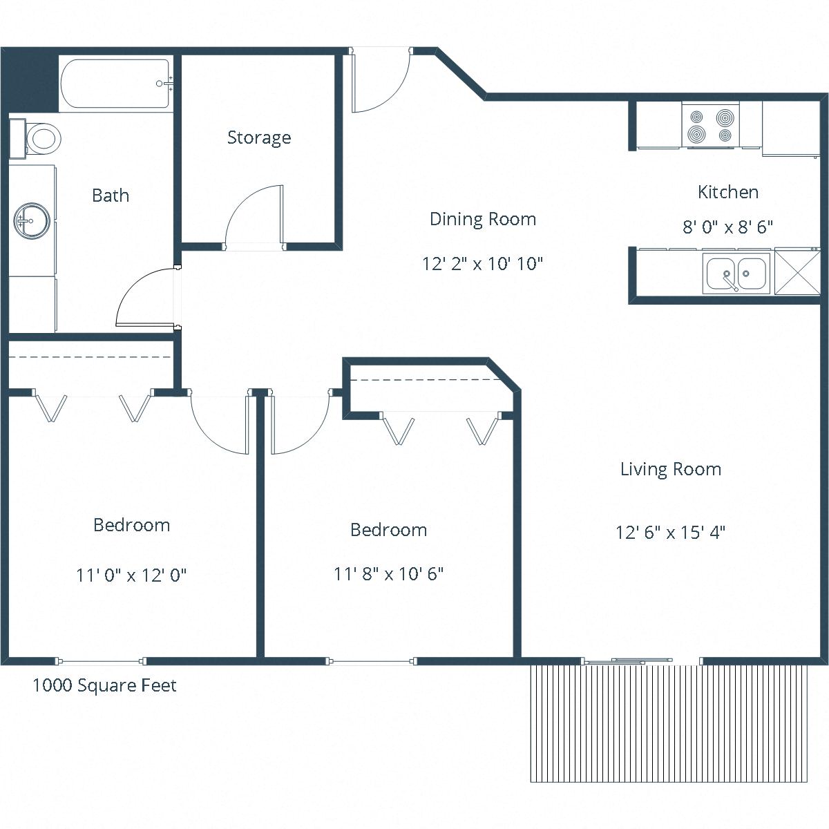 Floor plan for 2 beds, 1 bath, 1000 sqft