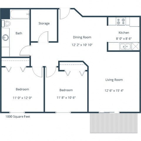 Floor plan for 2 beds, 1 bath, 1000 sqft
