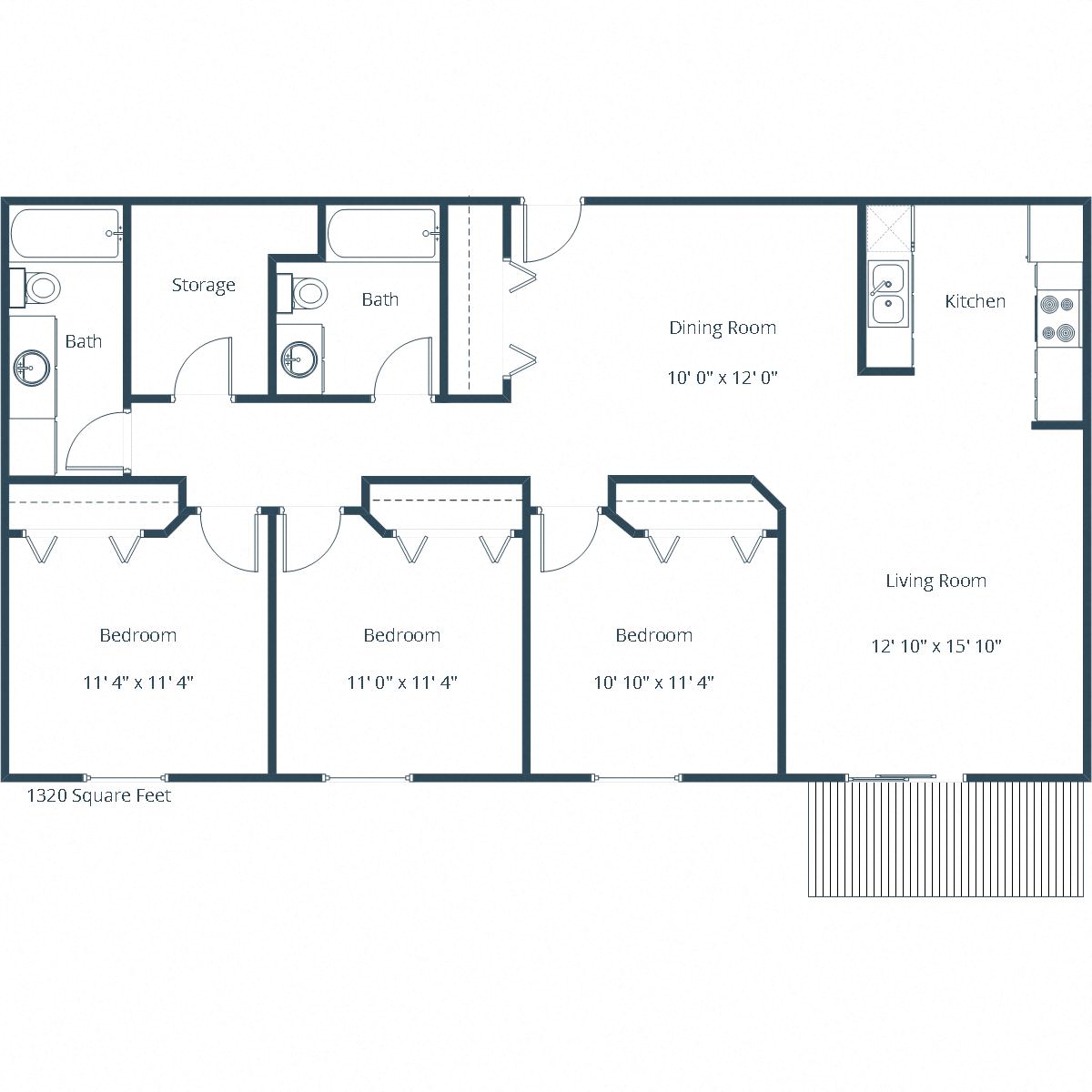 Floor plan for 3 beds, 2 baths, 1320 sqft