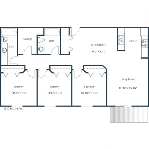 Floor plan for 3 beds, 2 baths, 1320 sqft