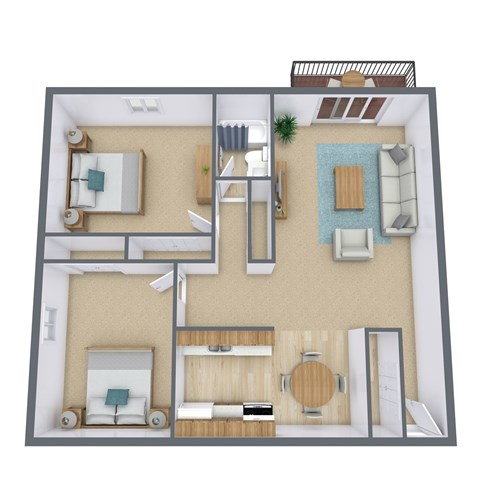 Floor plan for 2 beds, 1 bath, 980 sqft