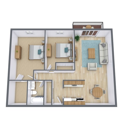 Floor plan for 2 beds, 1 bath, 980 sqft