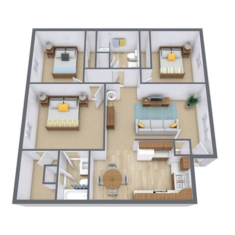 Floor plan for 3 beds, 2 baths, 1150 sqft
